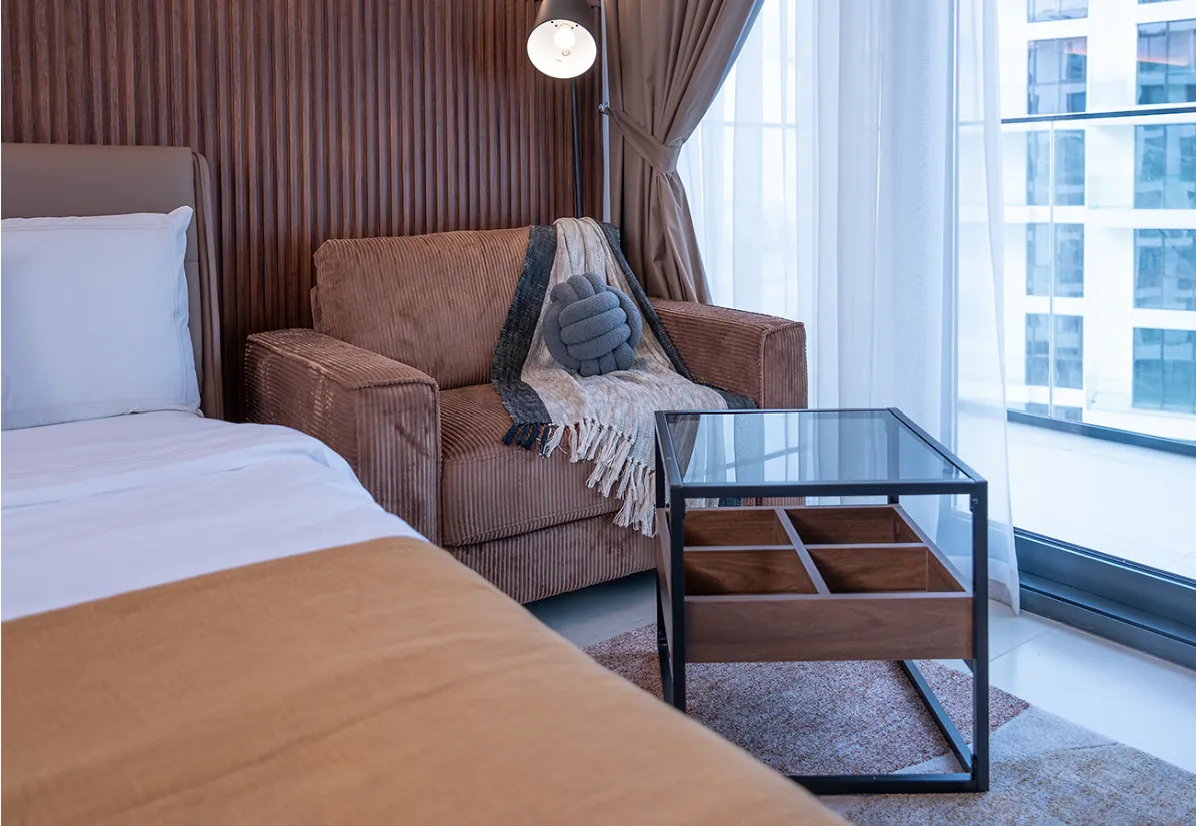 Studio PASE interior design — Project BLUE, furnished studio at Ajmal Makan, Sharjah